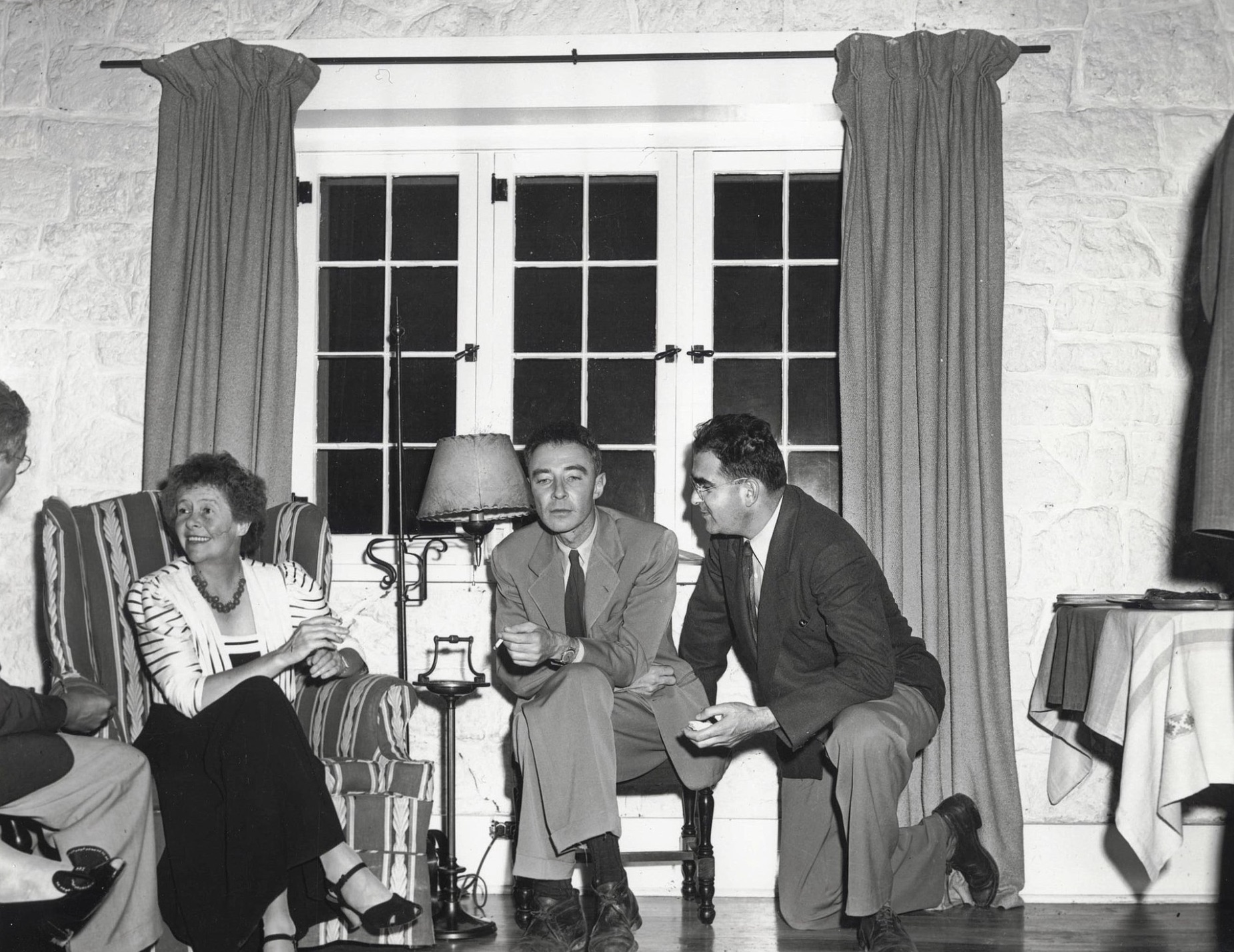 Isidor Isaac Rabi, Dorothy McKibbin, Robert Oppenheimer and Victor Weisskopf at Oppenheimer's home in Los Alamos.